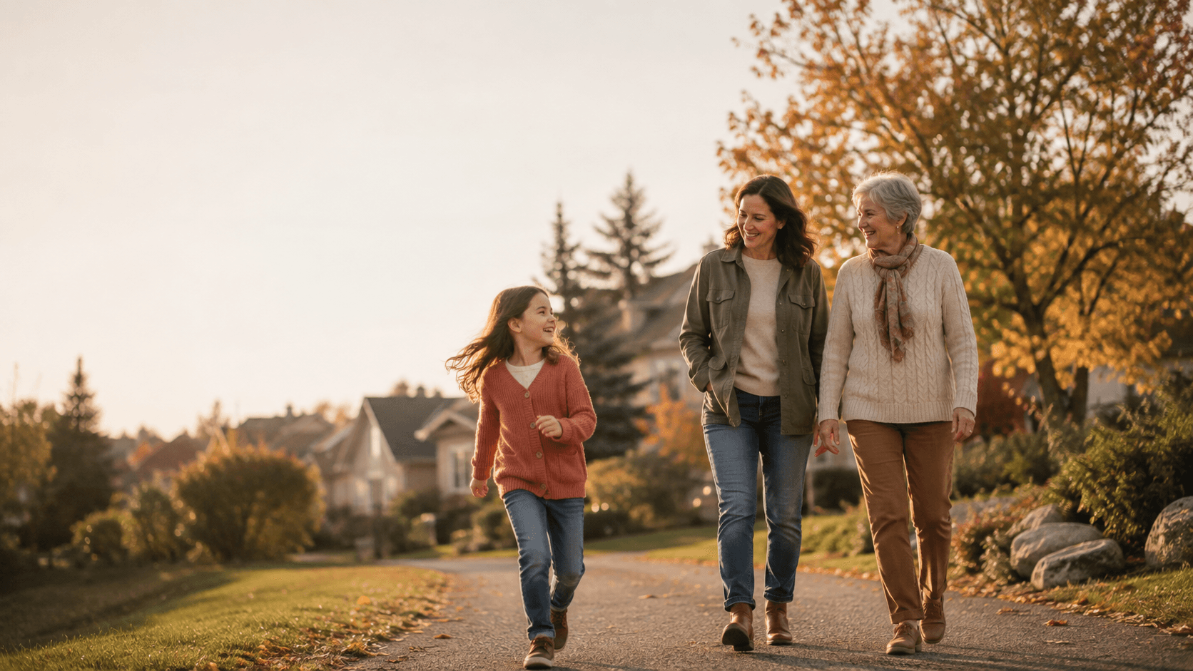 Three generations of a Canadian family walking together outdoors on a neighbourhood path in autumn light.